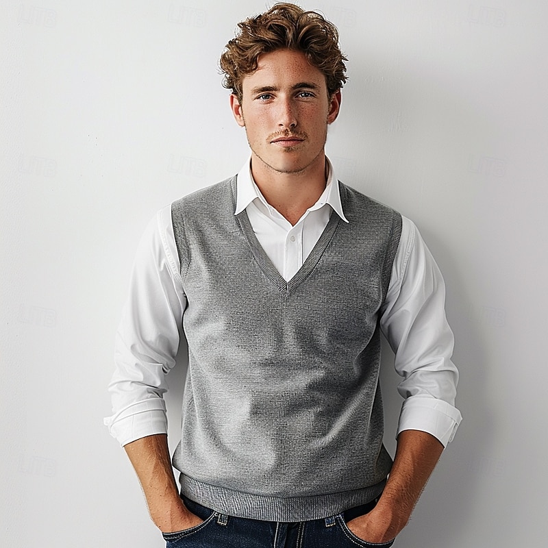 Men's Vest Ribbed Knit Regular Tops V Neck Solid Color V Neck Knitwear Daily Formal Outdoor Clothing Apparel Spring Fall Black Navy Blue S M L
