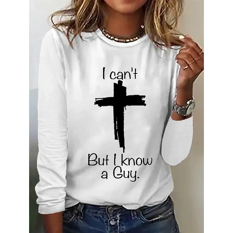 Women's T shirt Long Sleeve Letter Cross Casual Long Sleeve Round Neck Regular Tops Daily Weekend Print White Fall Winter Prefall