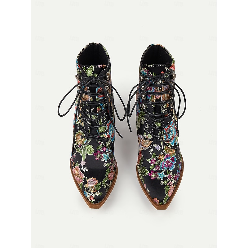 Women's Floral Embroidered Lace-Up Ankle Boots - Vibrant Pink Satin with Chunky Heel for Casual, Party, or Boho-Chic Outfits4