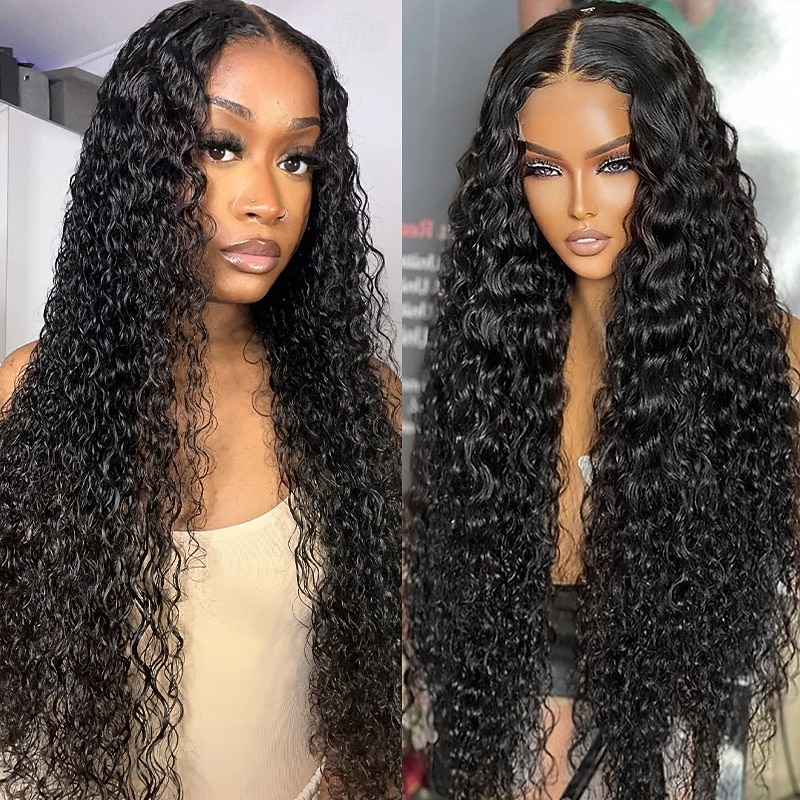 Remy Human Hair 4*4 transparent lace Water Wave human hair wig Natural color Lace wig 150% density