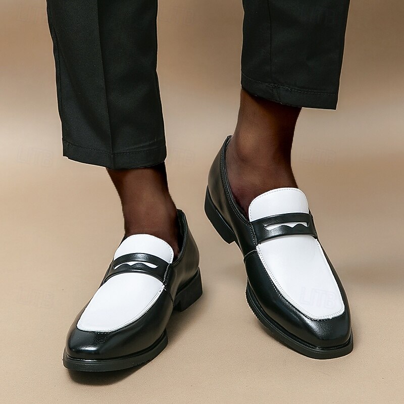 Men's Black and White Faux Leather Loafers with Cut-Out Strap Detail - Elegant Slip-On Shoes for Formal and Business Attire2