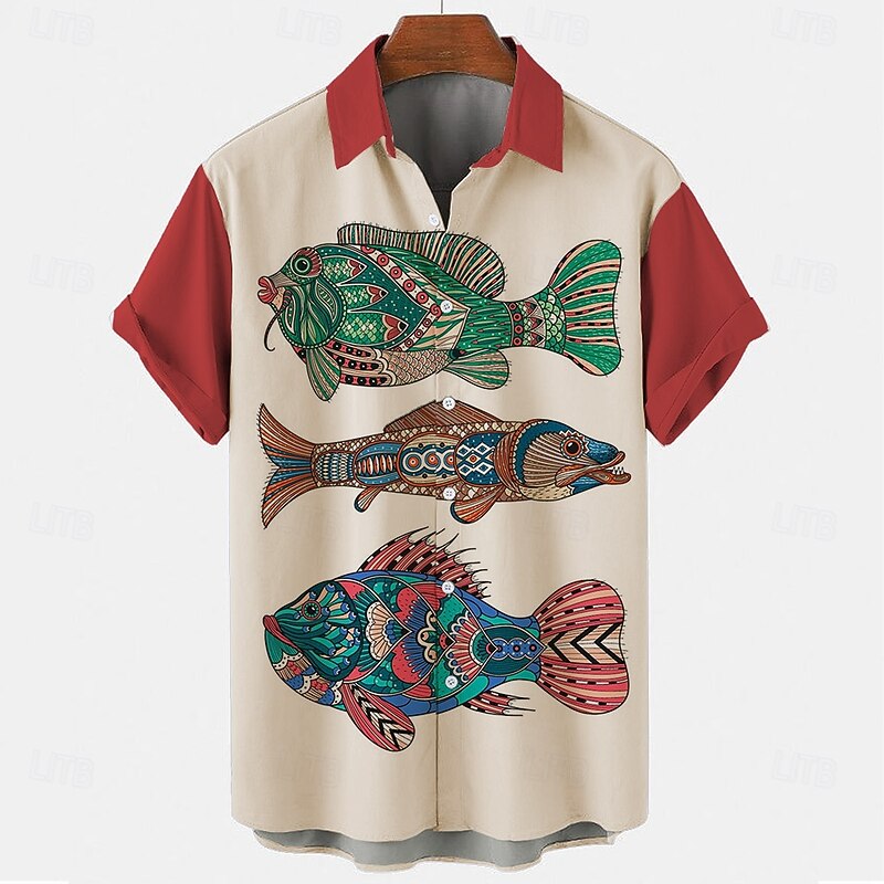 Men's Fish Casual Shirt Button Up Shirt Short Sleeve Fashion Casual Casual Summer Spring Turndown Button Up Red Blue