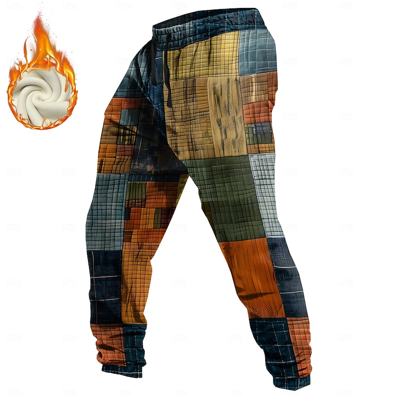 Men's Color Block Patchwork Fleece Sweatpants Drawstring Elastic Waist Vintage Casual Outdoor Holiday Streetwear Warm Fleece Lined Thermal Winter 3D Print Yellow Blue Orange