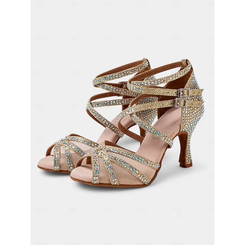 Gold Rhinestone Strappy Ballroom Dance Heels with Double Buckle Straps - Performance Shoes for Women3