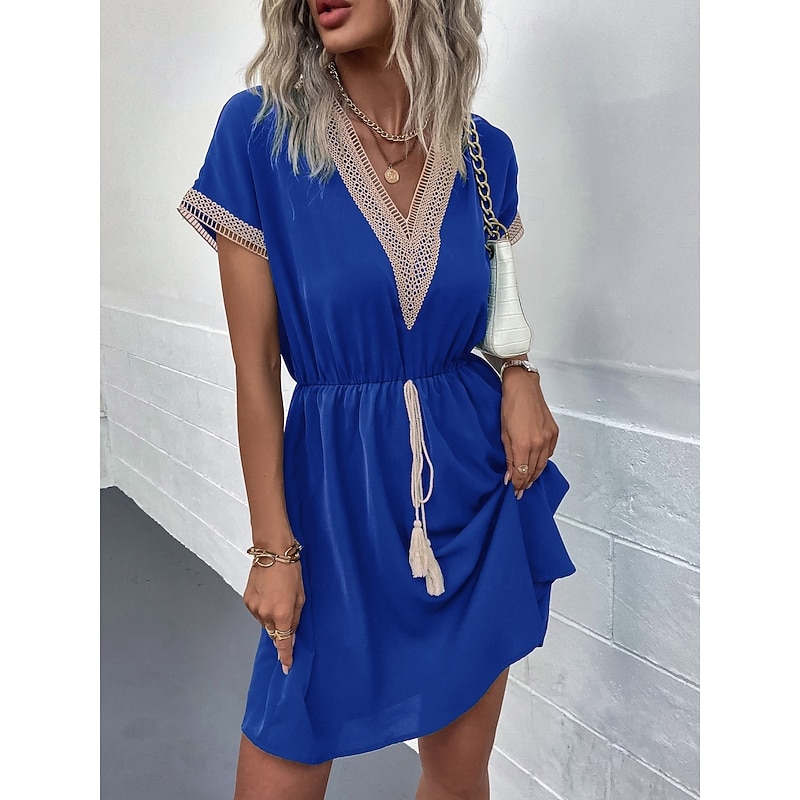 Women's Mini Dress Casual Dress A Line Dress Stylish Basic Casual Vacation Daily Regular Fit Plain Short Sleeve V Neck Wine Blue Summer Spring2