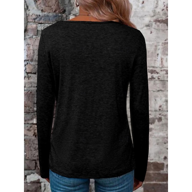 Women's T Shirt Plain Fashion Modern Casual Long Sleeve V Neck Regular Tops Daily Weekend Black Fuchsia Khaki Spring Fall2