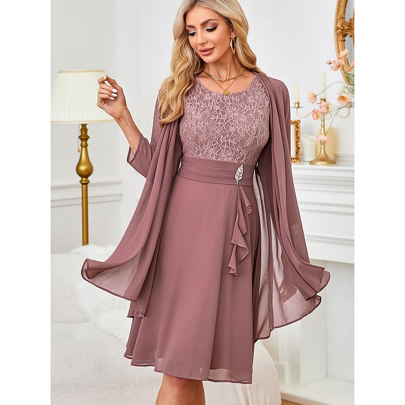 Women's Knee Length Dress Dress Set Wedding Guest Dress White Lace Dress with Sleeves Dress With Jacket Elegant Formal Wedding Guest Cocktail Party Regular Fit Plain 3/4 Length Sleeve Round Neck Gray