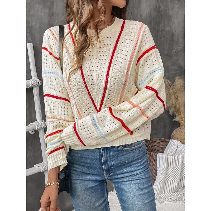 Women's Sweater Casual Soft Pure Color Ribbed Crew Neck Knitted Hole Long Sleeve Regular Tops Knit Outdoor Daily Weekend Apricot Fall Winter3