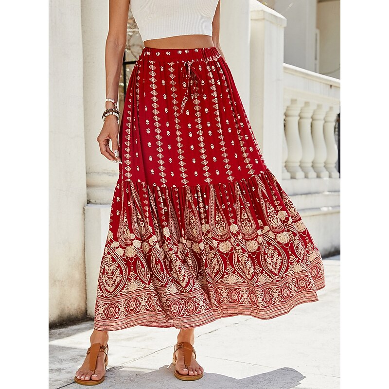 Women's Swing Bohemia Fashion Casual Maxi High Waist Skirts Graphic Print Micro-elastic Street Daily Red Blue Green Summer Rayon