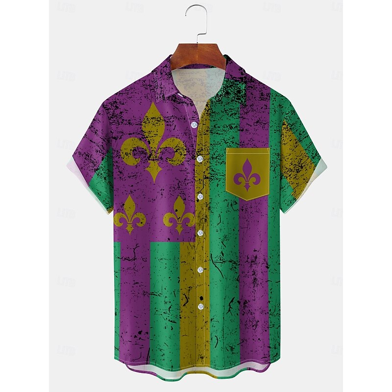 Carnival Men's Line Shirt Button Up Shirt Short Sleeves Artistic Casual Comfortable Outdoor Vacation Street Spring & Summer Shirt Collar Printing Green