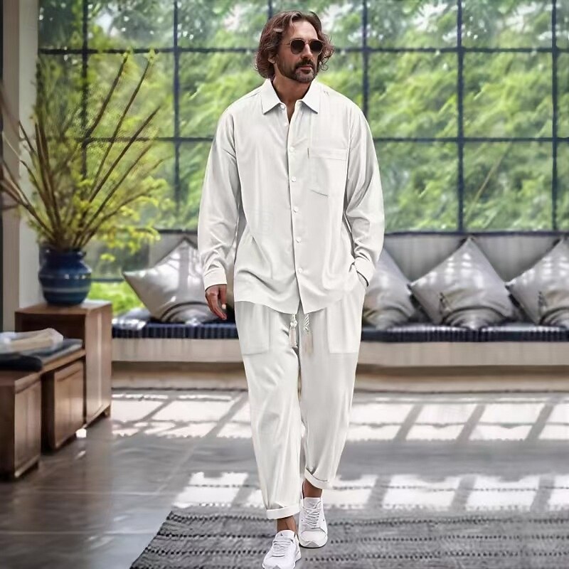 Men's 2 Piece Shirt Set Matching Sets Casual Shirt Button Up Shirt Black White Dark Navy Blue khaki Long Sleeve Plain Collar Vacation Daily Clothing Apparel Fashion Casual2