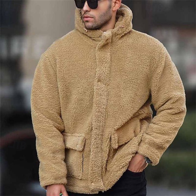 Men's Puffer Jacket Fleece Jacket Teddy Coat Casual Jacket Vacation Daily Thermal Warm Pocket Fleece Fall & Winter Plain Fashion Streetwear Hooded Regular Apricot Black Khaki Jacket2