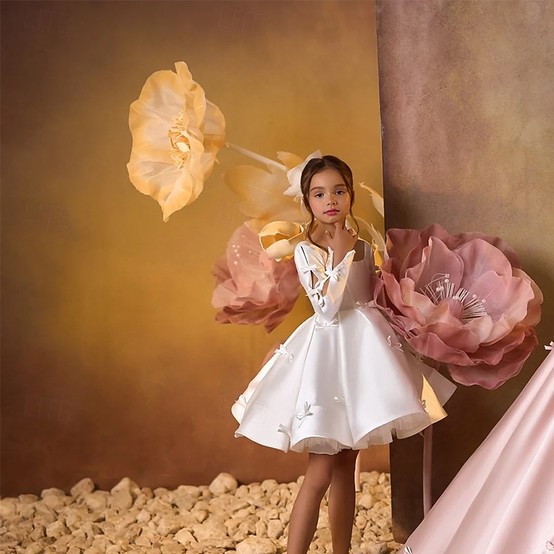 Kids Girls' Flower Girl Dress First Communion Dress Party Dress Solid Color Half Sleeve Performance Wedding Party Mesh Princess Sweet Mesh Mid-Calf Sheath Dress Tulle Dress Summer Spring Fall kids2