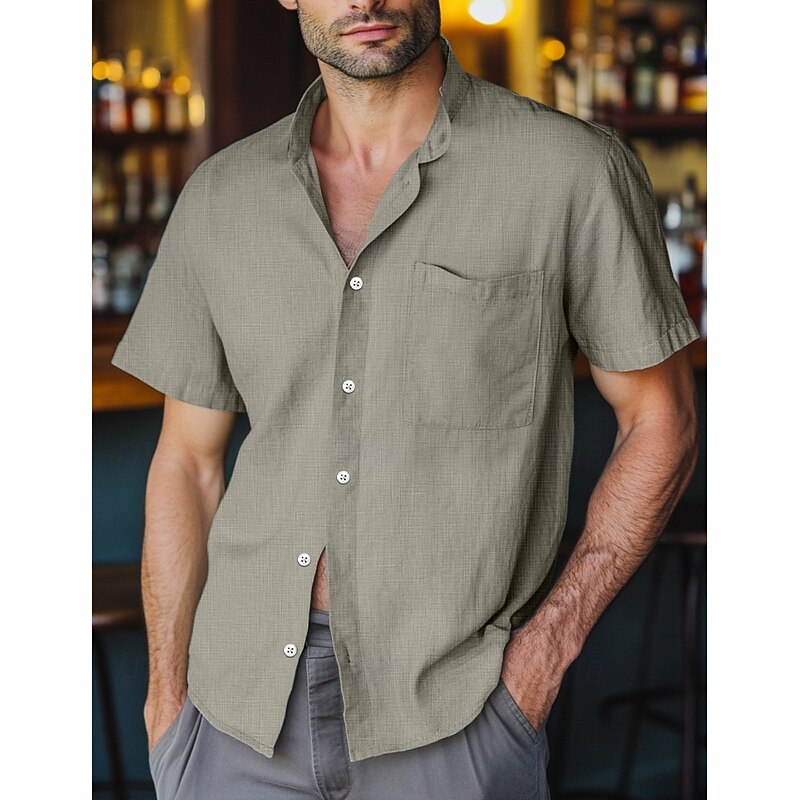Men's Linen Shirt Band Collar Shirt Casual Shirt Plain Vacation Hawaiian Black White Yellow Pink Short Sleeve Henley Spring & Summer Clothing Apparel Front Pocket3