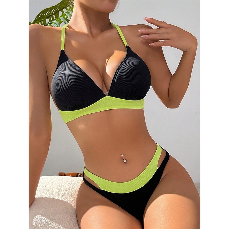 Women's Swimwear Bikini 2 Piece Swimsuit Tummy Control High Waist Slim Vacation Beach Wear Solid Color Striped Plunge Sleeveless Bathing Suits