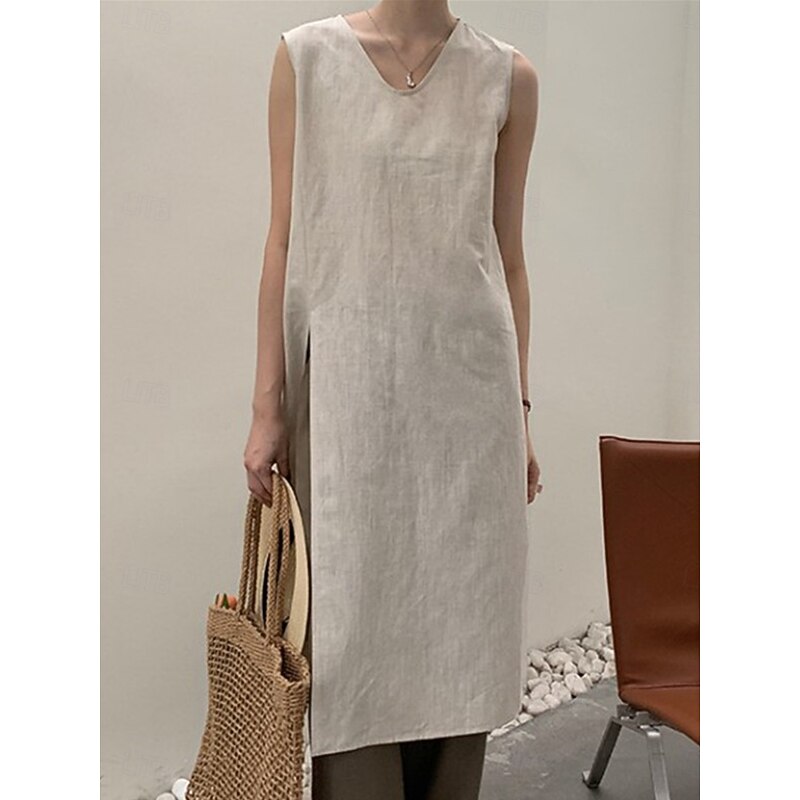 Women's Normal Midi Dress Linen Dress Stylish Casual Daily Beach Regular Fit Plain Sleeveless V Neck Black Apricot Summer3