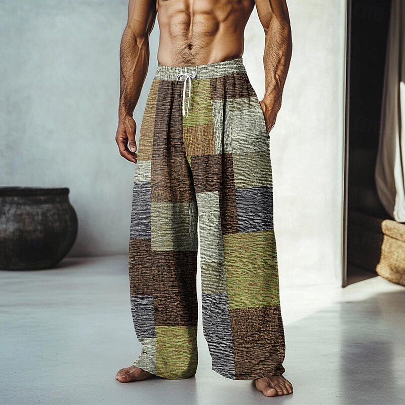 Men's Color Block Patchwork Pants Trousers Mid Waist Drawstring Elastic Waist Hawaiian Casual Outdoor Vacation Holiday Straight Leg Trousers Summer Spring Fall 3D Print Yellow Red Blue3