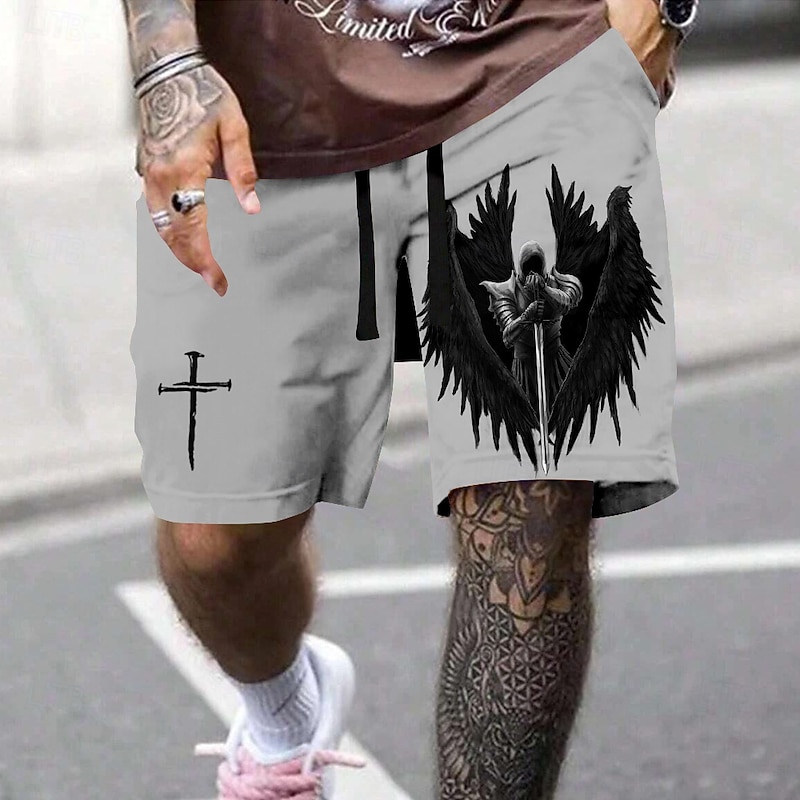 Men's Knights Templar Cross Religion Sweat Shorts Beach Shorts Terry Shorts Mid Waist Vintage Casual Daily Holiday Streetwear Drawstring Elastic Waist 3D Print Designer Clothing Apparel2