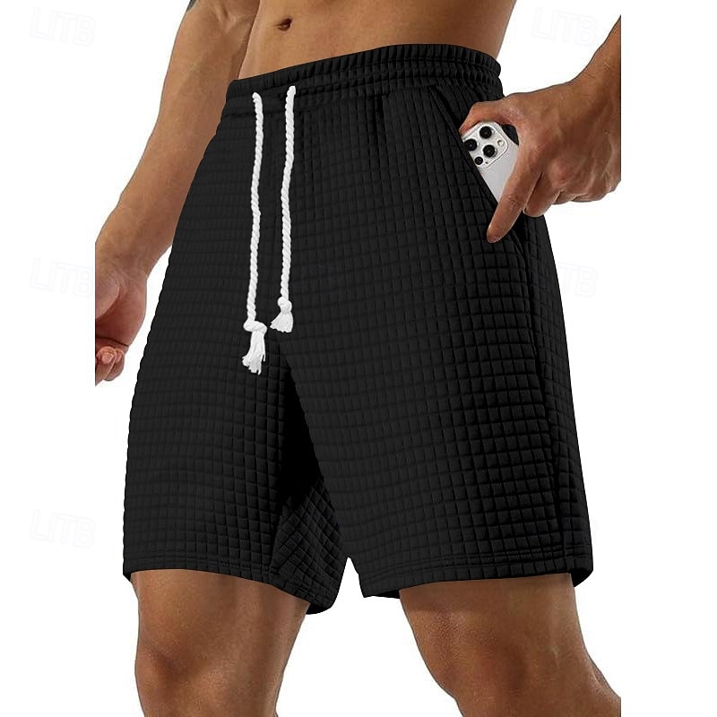 Men's Waffle Shorts Sweat Shorts Bermuda shorts Pocket Drawstring Elastic Waist Plain Comfort Sports Short Outdoor Yoga Daily Casual Athleisure Black White Micro-elastic3