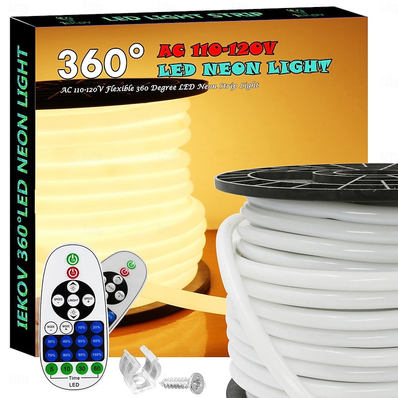 360 Neon Light LED Strip AC110 16-100 ft Flexible/Waterproof/ Dimmable Timing Warm White LED Rope Lightremote Control Suitable for Home/Garden/Building Decoration DIY Decor US Plug
