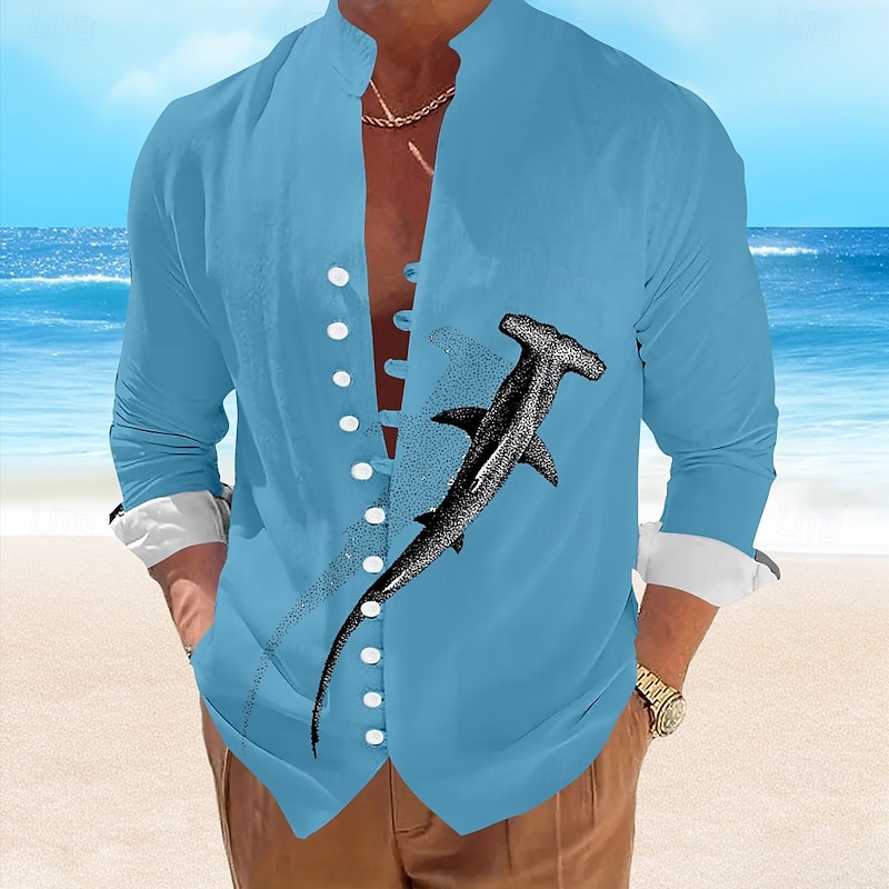 Men's Shark Casual Shirt Summer Hawaiian Shirt Aloha Shirt Short Sleeve Hawaiian Resort Vacation Casual Summer Spring Standing Collar Button Up White Blue Green Gray2