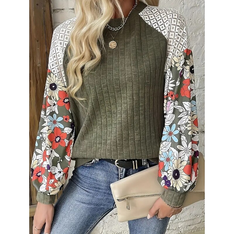 Women's Shirt Blouse Floral Stylish Casual Long Sleeve Crew Neck Regular Tops Daily Patchwork Print Red Green Summer Spring Fall