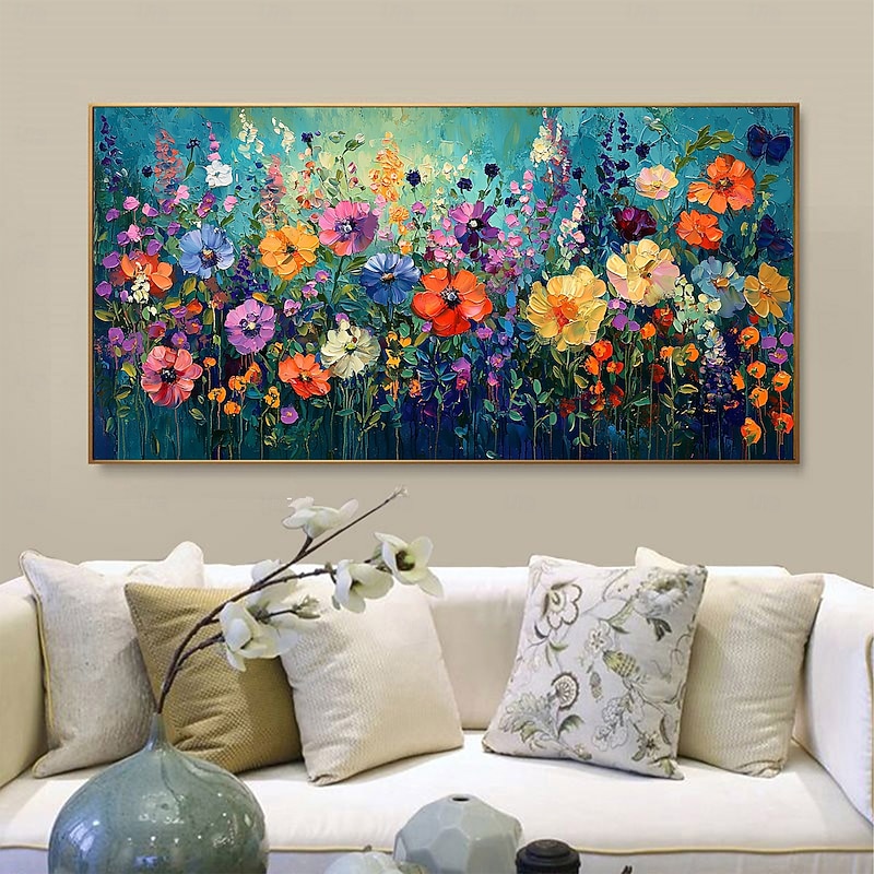 Handmade Original Colorful Flowers Painting Oil Painting On Canvas Abstract Texture Flower Group Painting Wall Art for Home Decor With Stretched Frame/Without Inner Frame Painting