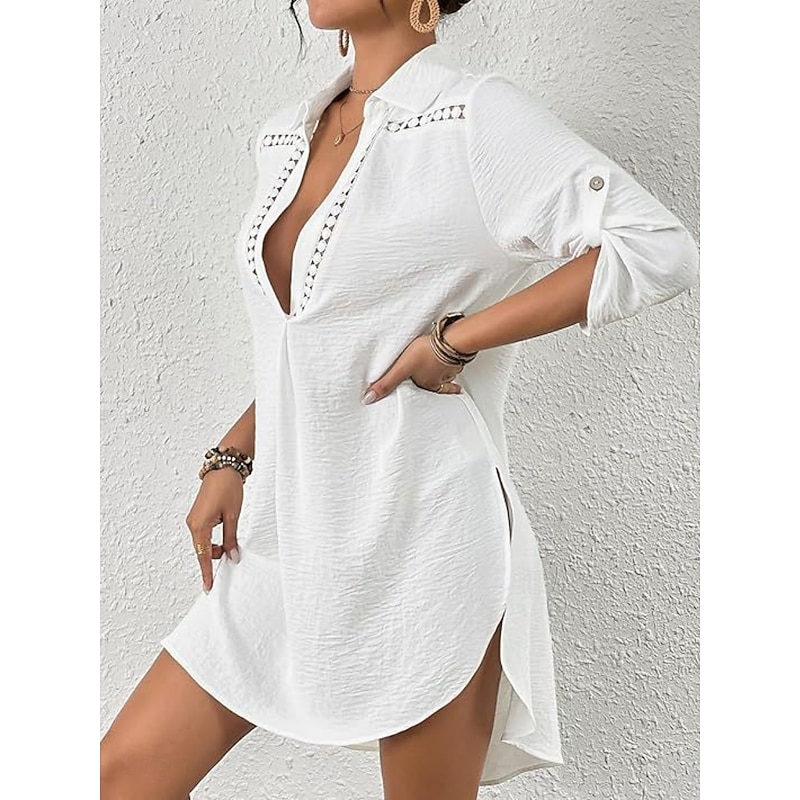 Women's Swimwear Cover Up Beach Dresses Swimsuit Vacation Beach Wear Solid Color Long Sleeve4