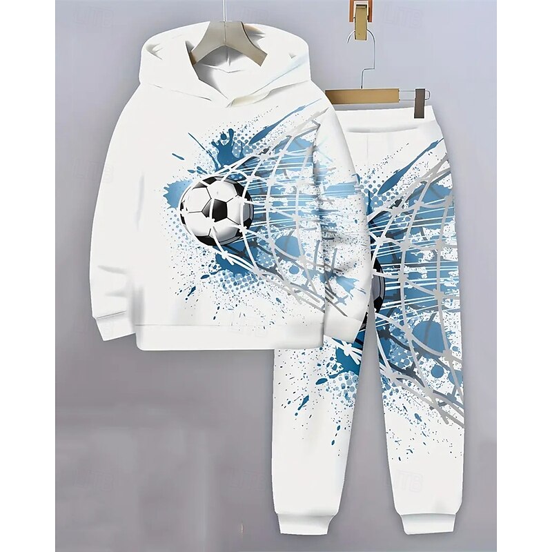 Boys 3D Graphic Football Hoodie & Sweatpants Set Sports Suit Tracksuits Long Sleeve Spring Fall Daily Basic Casual Kids 4-12 Years Hooded Outdoor Vacation Sports Tailored Fit