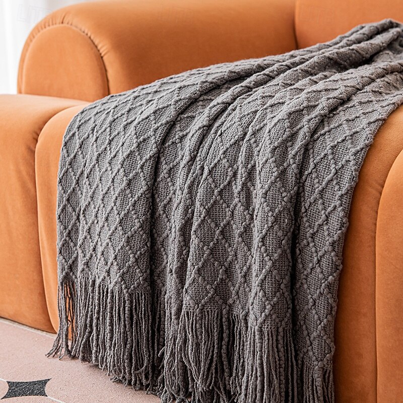 Knit Throw Blanket Textured Dark Grey Throw Blankets with Tassels Bohemian Fringe Throw Blanket2