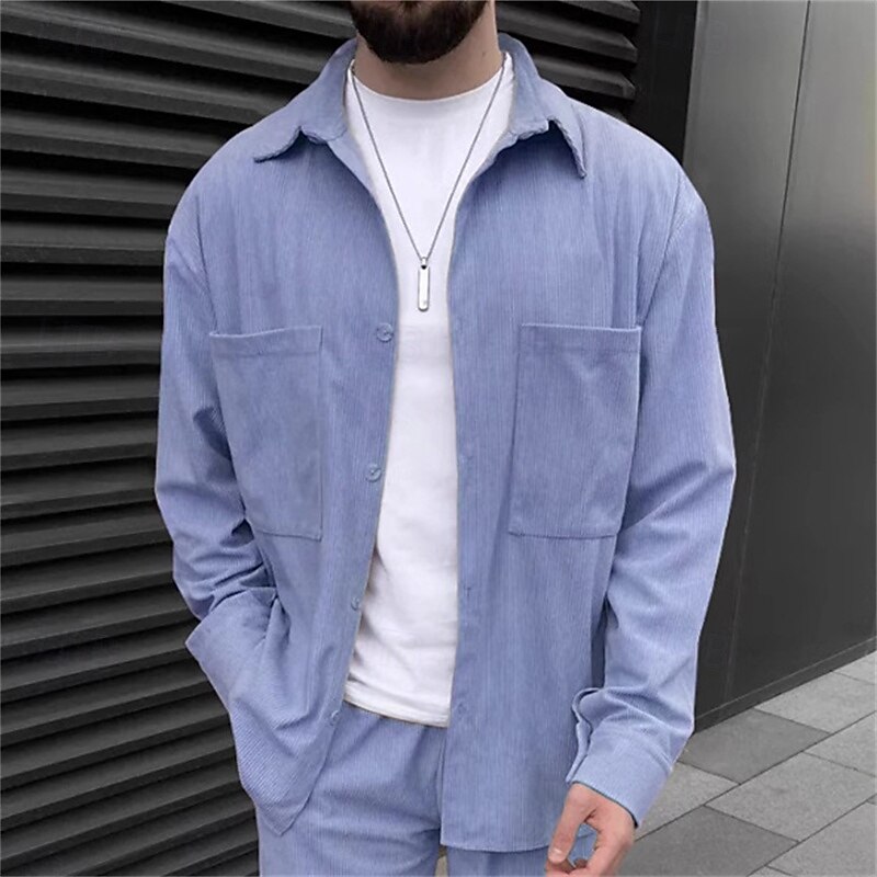 Men's Shirt 2 Piece Shirt Set Matching Sets Casual Shirt Corduroy Shirt Brown Green khaki Gray Light Blue Long Sleeve Solid Color Collar Street Daily Clothing Apparel Fashion Casual Comfortable4