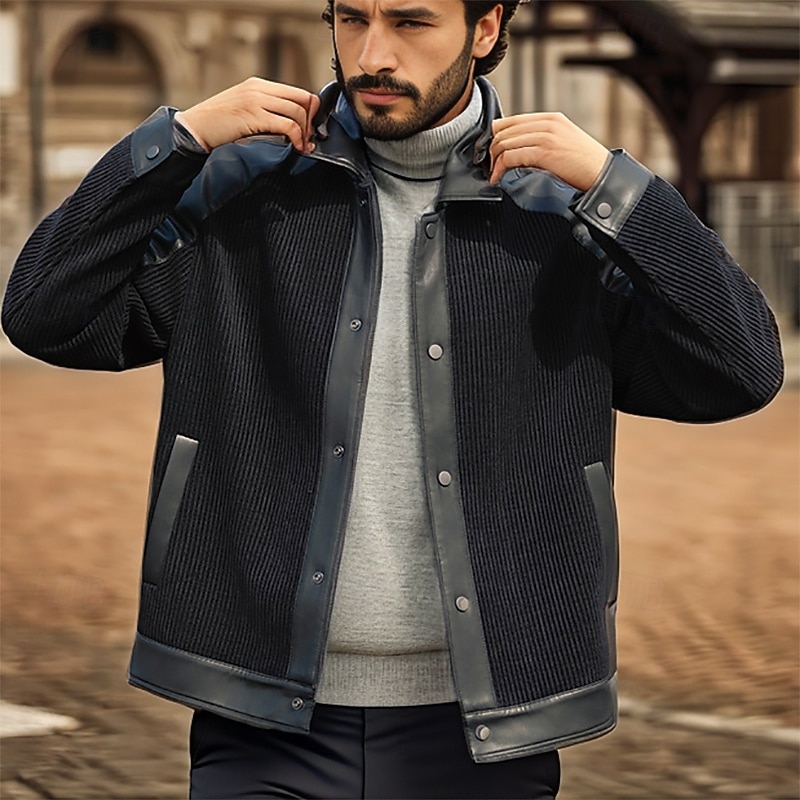 Men's Faux Leather Jacket Corduroy Jacket Transition Jacket Casual Jacket Vacation Daily Warm Pocket Fall & Winter Plain Fashion Classic Lapel Regular Black Jacket2