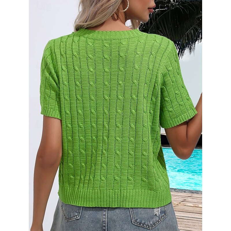 Women's Sweater Casual Soft Pure Color Ribbed Crew Neck Knitted Short Sleeves Regular Tops Knit Daily Weekend White Green Summer Spring4