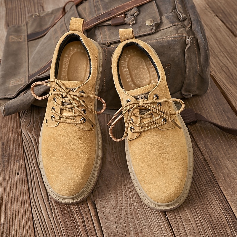 Men's Tan Suede Faux Leather Lace-Up Work Shoes with Rugged Sole – Durable Casual Footwear for Work, Hiking, and Everyday Wear4