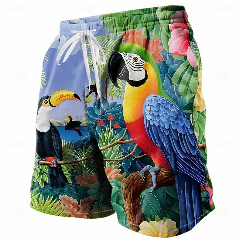 Men's Parrot Floral&Plants Jungle Swim Trunks Swim Shorts Board Shorts Mid Waist Tropical Streetwear Hawaiian Vacation Daily Holiday Drawstring Elastic Waist 3D Print Designer Clothing Apparel