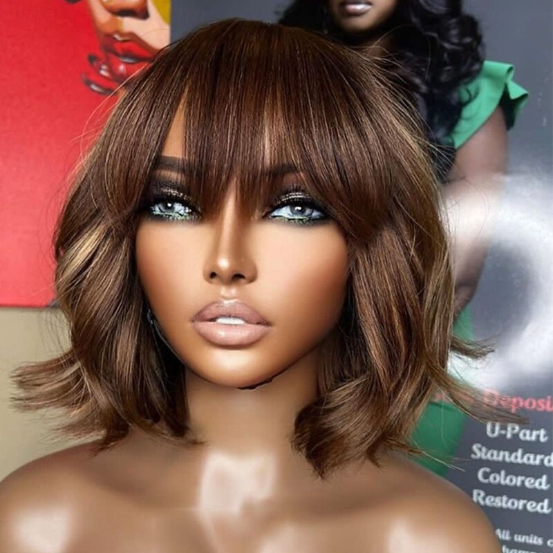 Human Hair 5x5 Closure 13x4 Lace Front Wig Short Bob With Bangs Brazilian Hair Wavy Brown Multi-color Wig 130% 150% Density Highlighted / Balayage Hair Glueless Pre-Plucked For Women Short Human Hair4
