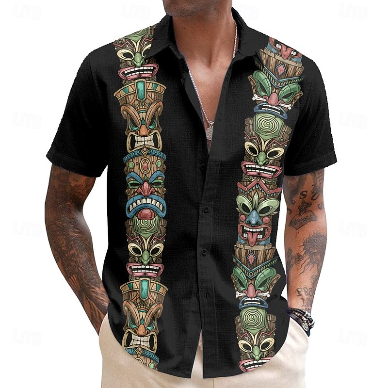 Men's Mask Bandana Print Tiki Casual Shirt Button Up Shirt Aloha Shirt Short Sleeve Tribal Holiday Summer Spring Turndown Button Up Black Pink Blue Green4