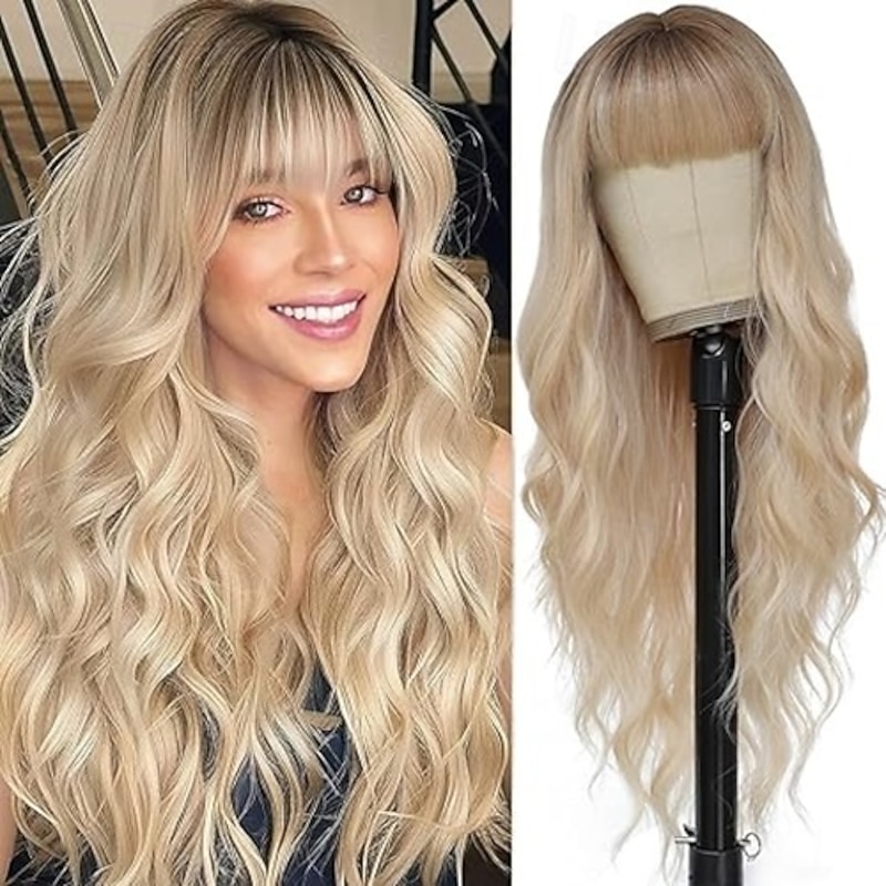 Wig with Bangs for Women Long  Wavy Wigs  Wigs Natural Looking Heat Resistant Synthetic Wig for Daily Party Use