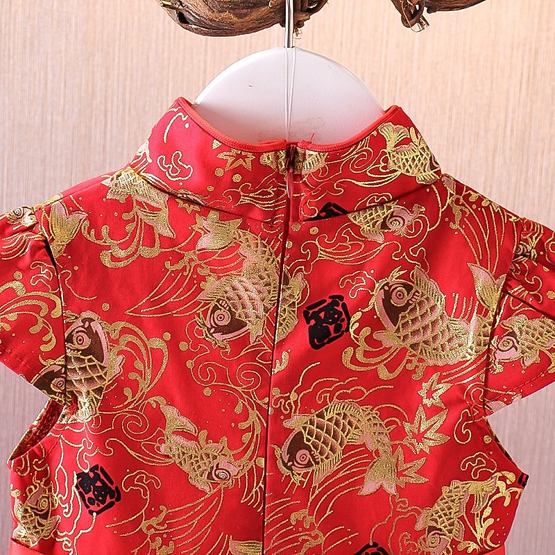 Kids Girls' Dress Chinese Cheongsam Dragon Flower Short Sleeve Performance Party Patchwork Embroidered Cute Adorable Polyester Knee-length Casual Dress Cheongsam Dress Summer Spring 4 years+3
