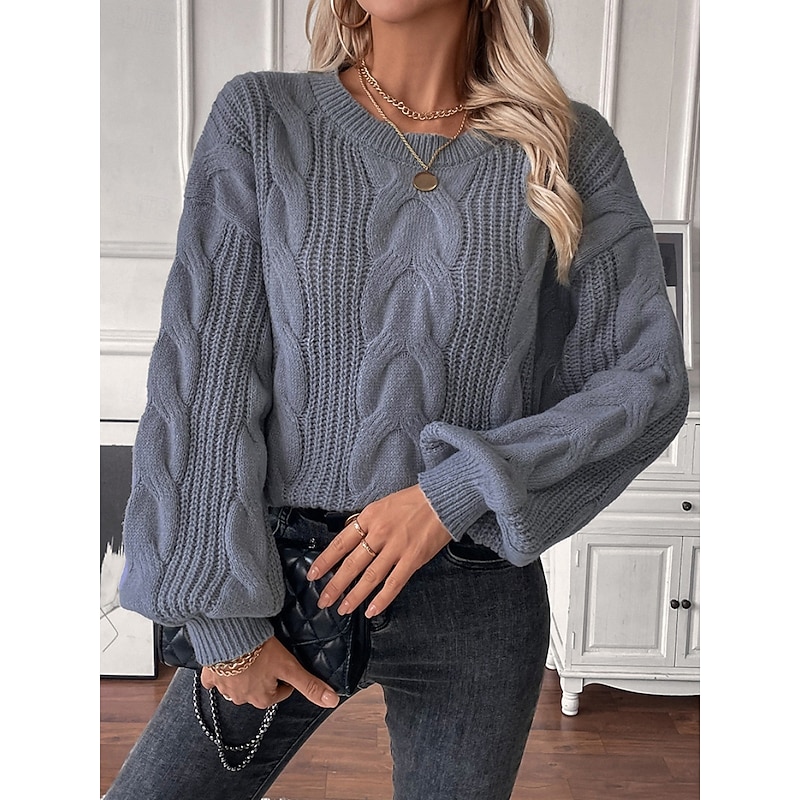 Women's Sweater Casual Soft Pure Color Cable Crew Neck Knitted Long Sleeve Regular Tops Knit Outdoor Daily Weekend Khaki Gray Fall Winter2