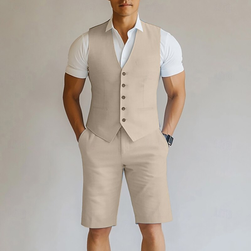 Men's Wedding Casual Linen Suits Navy Blue Sky Blue Solid Colored Tailored Fit 2 Piece3