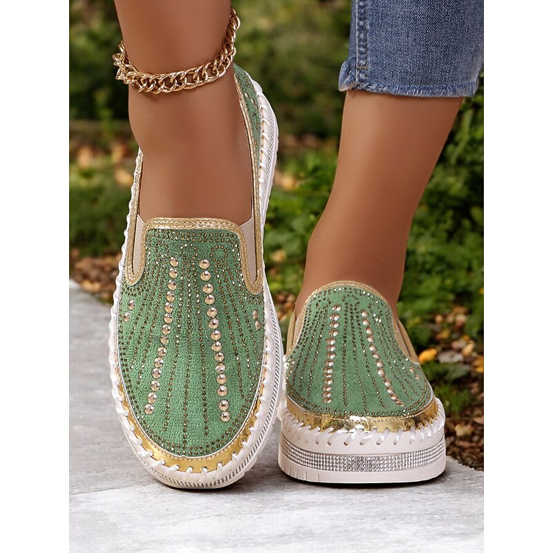 Women's Green Rhinestone Embellished Slip-On Sneakers with Chunky Sole - Glamorous Casual Shoes for Parties and Everyday Wear3