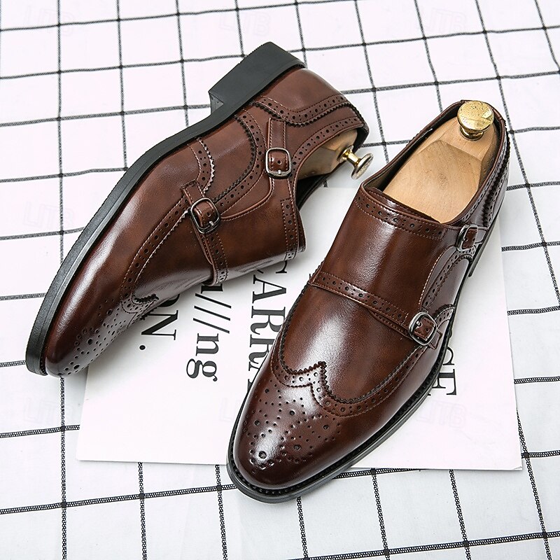 Men's Brown Double Monk Strap Dress Shoes – Genuine Faux Leather Brogue Oxford Shoes for Formal Events and Office Wear2