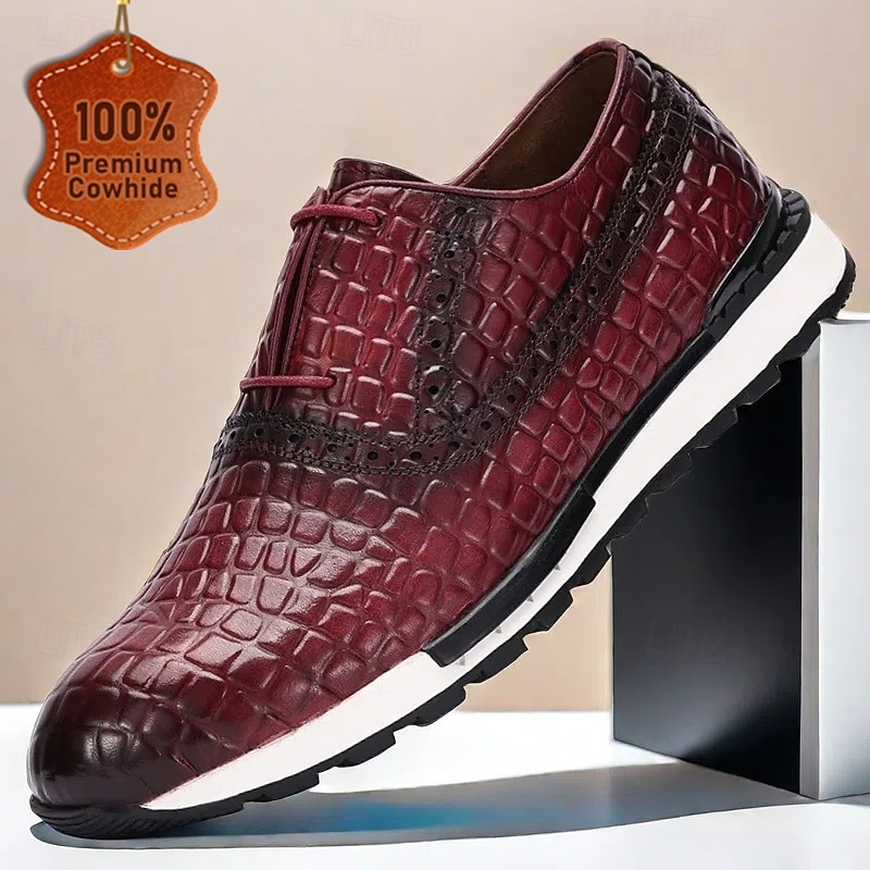 Men's Premium Cowhide Leather Sneakers with Crocodile Pattern and Lace-Up Design – Stylish Casual and Sporty Footwear
