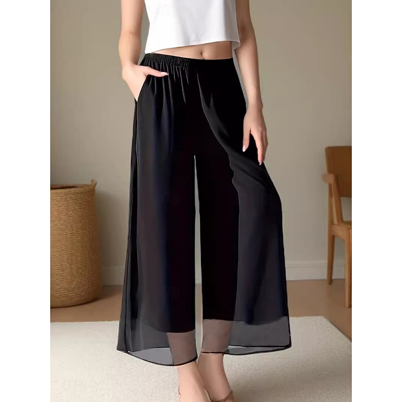 Women's Wide Leg Chinos Fashion Streetwear Full Length High Waist Plain Elastic Waistband Comfy Soft Comfortable Micro-elastic Outdoor Street Black Summer Regular Fit
