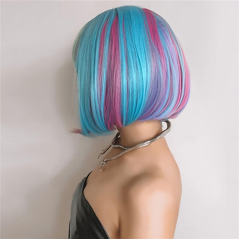Short Bob Rainbow Wig with Bangs Heat Resistant Synthetic Colourful Party Wig with Fringe Pink Blue for Women Cosplay Daily Use Hair Net for Carnival4