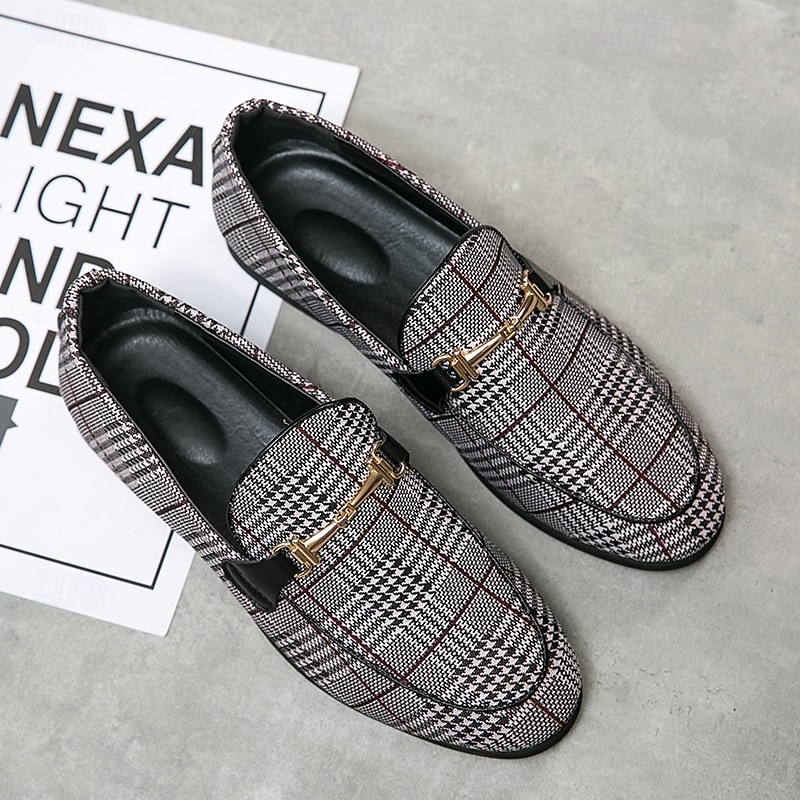 Men's Plaid Fabric Loafers with Metal Buckle – Stylish Slip-On Shoes for Business, Weddings, and Smart-Casual Outfits4