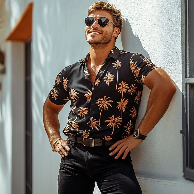 Men's Leaf Aloha Shirt Short Sleeve Hawaiian Vacation Summer Spring Turndown Button Up Orange2