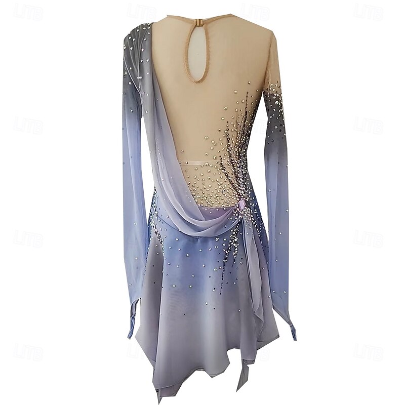 Figure Skating Dress Women's Girls' Ice Skating Dress Blue+Light Blue Thumbhole Halo Dyeing High Elasticity Professional Competition Skating Wear Thermal Warm Crystal / Rhinestone Long Sleeve Ice2