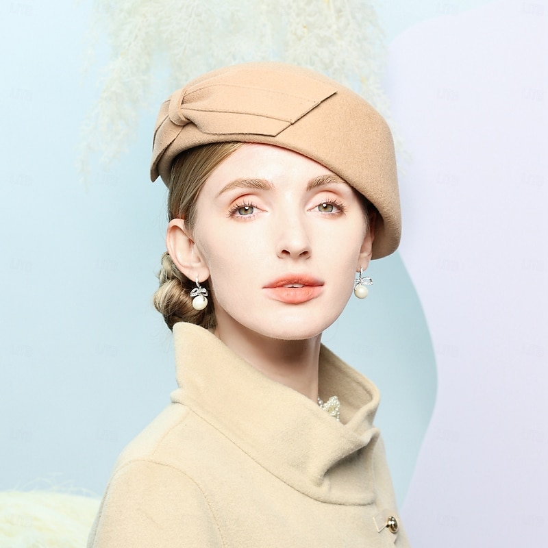 Hats 100% Wool Beret Hat Bowler / Cloche Hat Wedding Tea Party Elegant With Bowknot Pure Color Headpiece Headwear2